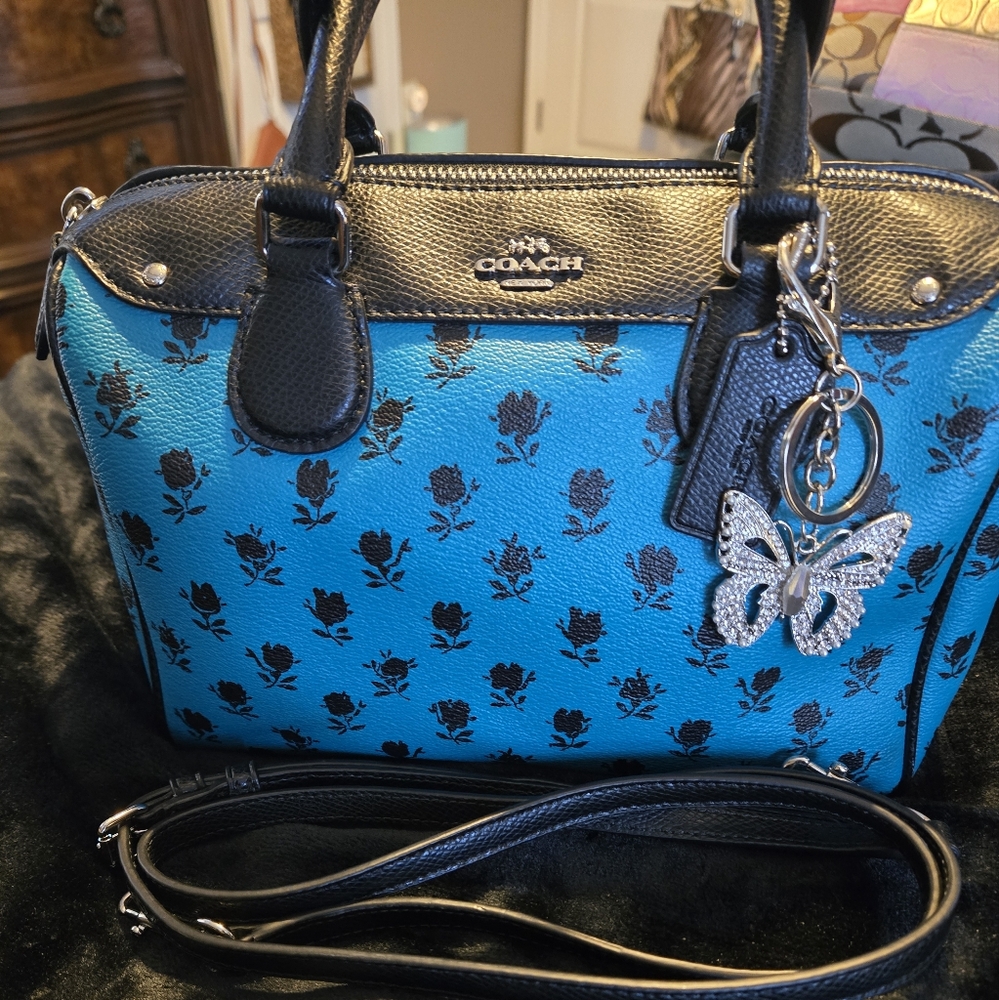 Coach Mini Bennett Black and Blue Floral Satchel
